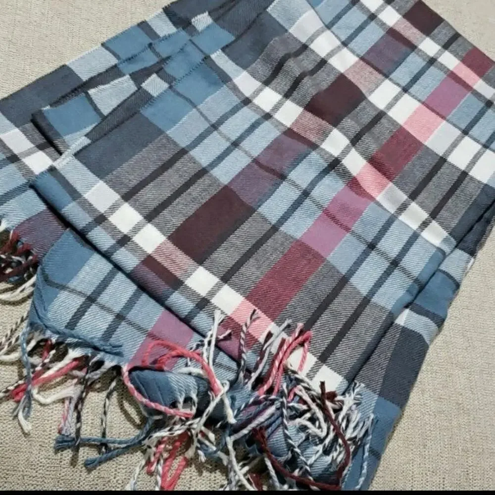 GAP Soft Oversized Plaid Scarf - Blue &Pink Tartan Blanket Wrap with Fringe